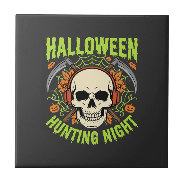 Noite de Caça no Halloween Desenho de Caveira e Fo (Frente)