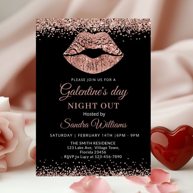 Noite do Dia de Galentine Rosa Dourado Brilho Lábi (Rose gold Lips Galentine's Day Night out invitation)