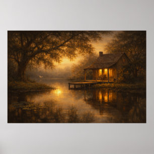 Noite Tranquila   Arte de Cabana no Lago   Poster