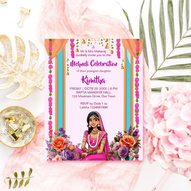 Noiva de casamento índia em convite rosa (Mehndi Indian wedding editable template invitation bride in pink cartoon pink lavender flowers )