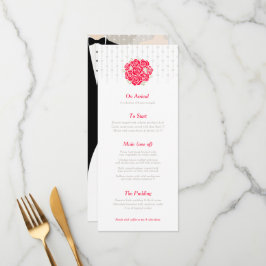 Noiva e noivo buquê verde menu de casamento vermel