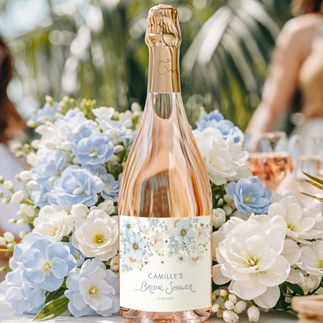 Noiva Floral Azul Festa de Noivado (Blue Garden Bridal Shower Wine Label)