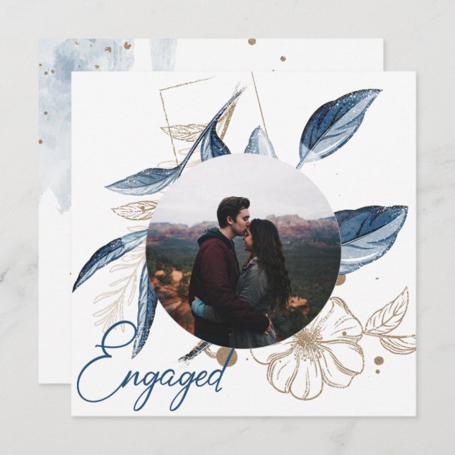 Noivado brilhante Elegante Floral Dourado Azul (Frente/Verso)