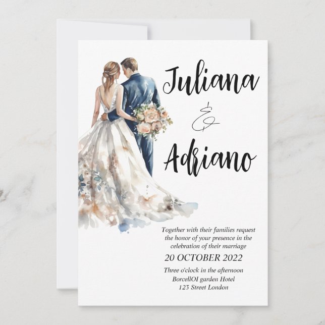 Noivo da noiva fofo cartão de casamento aquarela m (Frente)