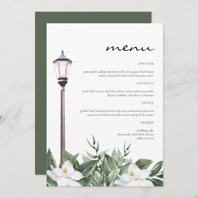 NOLA Nova Orleans Magnolia 5x7" Vamos Eat Menu (Frente/Verso)