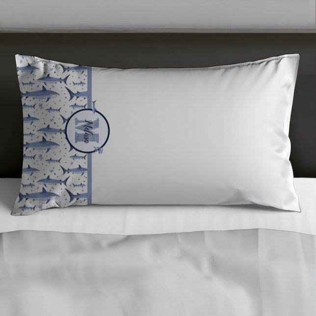 Nome + Aquarela Tubarão Monograma | Azul e branco (Criador carregado)