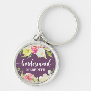 Nome Bridesmaid Purple Watercolor Floral Chaveiro