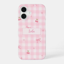 Nome com Design de Laço de Cereja em Xadrez Rosa