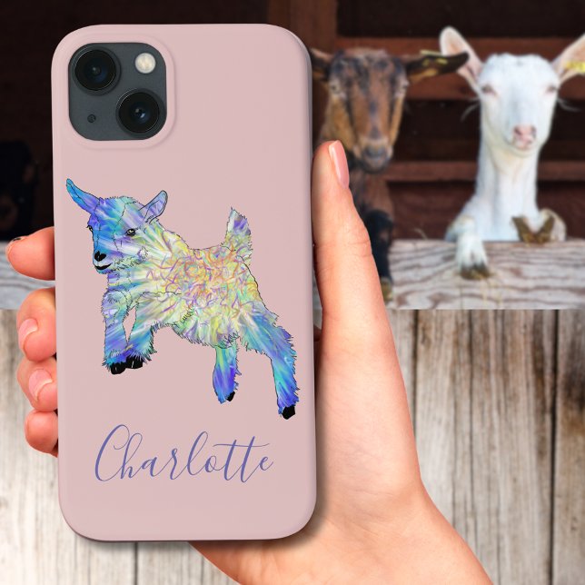 Nome da ilustração de Salto de Cabra de Corte (Cute baby goat jumping illustration pink mobile phone case with personalized name)