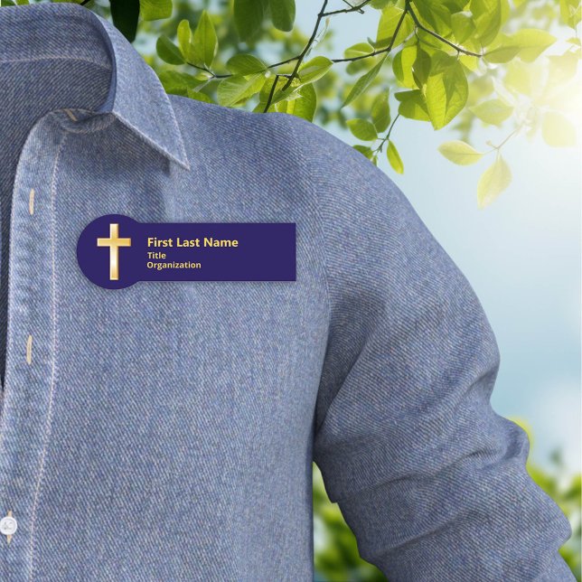 Nome de etiqueta Dourado Cross Christian (Gold Cross Christian Name Tag. Personalize with text, perfect for events, meetings & presentations.)