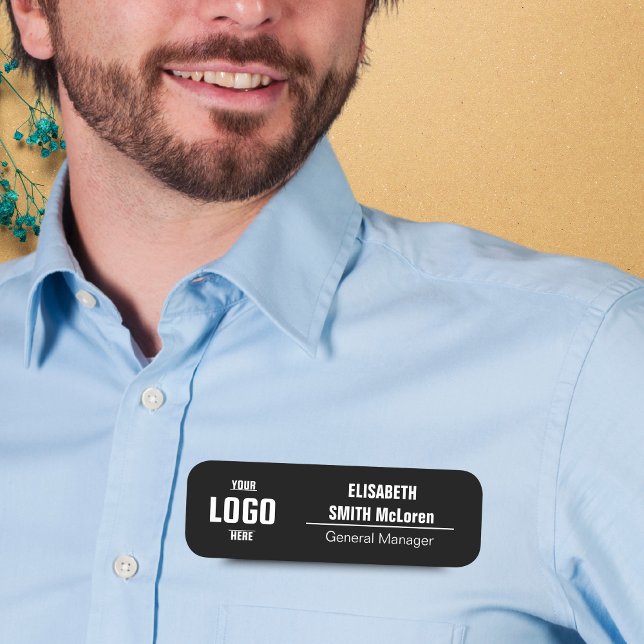 Nome de etiqueta magnético de logotipo personaliza (Custom Logo Magnetic Name Tag - Faux Black Design)