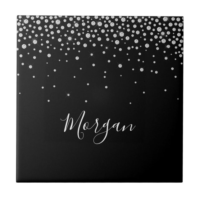 Nome DIY Branco Script & Diamantes Brancos, Preto (Frente)