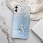 Nome do Monograma da Glitter de Prata de Metal Bru<br><div class="desc">Personalize facilmente esta moda design de capa de telefone com de chic com brilho prateado bonito em um fundo metálico azul escovado.</div>