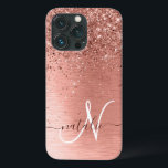 Nome do Monograma do Glitter Metálico Brutado Dour<br><div class="desc">Personalize facilmente esta design de capa de telefone de chic com tendência, apresentando brilho bonito de ouro rosa em um fundo metálico escovado de rosa dourado.</div>