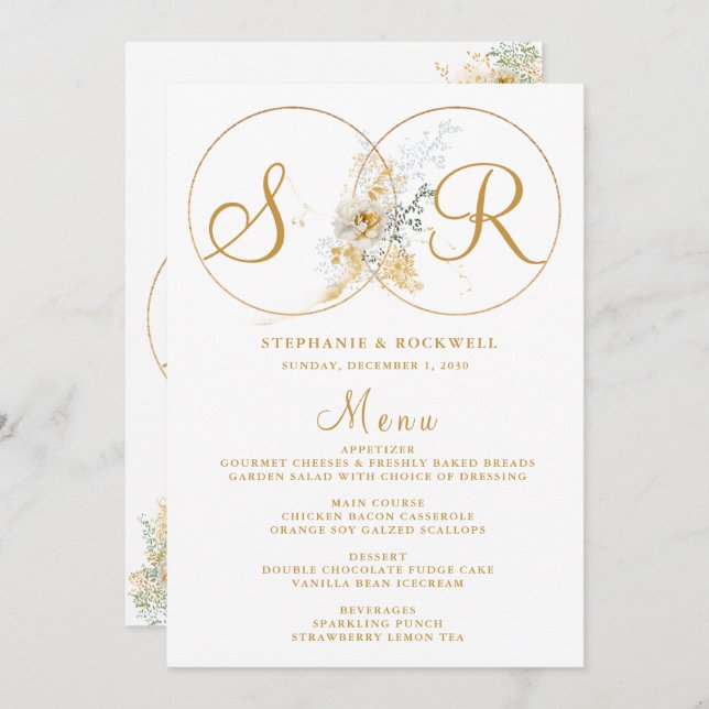 Nome do Monograma Dourado Elegante Menu Casamento  (Frente/Verso)