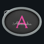 Nome do Monograma Girly Black Script Hot-Pink<br><div class="desc">Frasco do Monograma Simples de Script Preto e Rosa Quente Isso faz a formatura perfeita, doce 16 16, 18, 21rua, 40, 50, 60, 70, 80, 90, 100 anos, casamento, chá de panela, aniversário, chá de fraldas ou presente de festa de solteira para alguém que ama luxo de vidro e estilos...</div>