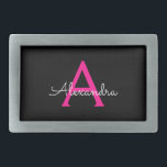 Nome do Monograma Girly Black Script Hot-Pink<br><div class="desc">Frasco do Monograma Simples de Script Preto e Rosa Quente Isso faz a formatura perfeita, doce 16 16, 18, 21rua, 40, 50, 60, 70, 80, 90, 100 anos, casamento, chá de panela, aniversário, chá de fraldas ou presente de festa de solteira para alguém que ama luxo de vidro e estilos...</div>