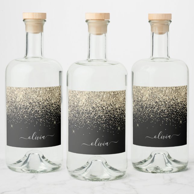 Nome do Monograma Glitter Preto Dourado (Garrafas)