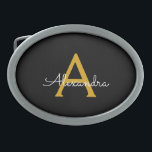 Nome do Monograma Rapariga de Script Moderno Doura<br><div class="desc">Fecho de Cinto do Monograma Simples Preto e Dourado. Isso faz a formatura perfeita, doce 16 16, 18, 21rua, 40, 50, 60, 70, 80, 90, 100 anos, casamento, chá de panela, aniversário, chá de fraldas ou presente de festa de solteira para alguém que ama luxo de vidro e estilos quicos....</div>