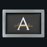 Nome do Monograma Rapariga de Script Moderno Doura<br><div class="desc">Fecho de Cinto do Monograma Simples Preto e Dourado. Isso faz a formatura perfeita, doce 16 16, 18, 21rua, 40, 50, 60, 70, 80, 90, 100 anos, casamento, chá de panela, aniversário, chá de fraldas ou presente de festa de solteira para alguém que ama luxo de vidro e estilos quicos....</div>