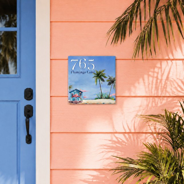 Nome do Número da Rua da Casa de Praia Costeira (custom beach house number and street name ceramic tile displayed at tropical cottage door)