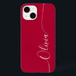 Nome do Script de Caligrafia Elegante Branca<br><div class="desc">Crimson Elegante White Calliografia Script Personalizado Nome Personalizado iPhone 14 Smart Capa de telefone apresenta um design moderno e moderno,  simples e na moda,  com seu nome personalizado em letras elegantes,  escritas à mão,  com letra tipográfica em um fundo crimson. Elaborado por ©Evco Studio www.zazzle.com/store/evcostudio</div>