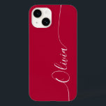 Nome do Script de Caligrafia Elegante Branca<br><div class="desc">Crimson Elegante White Calliografia Script Personalizado Nome Personalizado iPhone 14 Smart Capa de telefone apresenta um design moderno e moderno, simples e na moda, com seu nome personalizado em letras elegantes, escritas à mão, com letra tipográfica em um fundo crimson. Elaborado por ©Evco Studio www.zazzle.com/store/evcostudio</div>