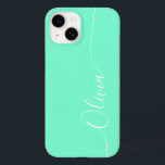 Nome do Script de Caligrafia Elegante Branco do Aq<br><div class="desc">Aquamarine Elegante White Calliografia Script Personalizado Nome Personalizado iPhone 14 Smart Capa de telefone apresenta um design moderno e moderno simples e na moda com seu nome personalizado em elegante tipografia de script de caligrafia escrita à mão sobre um fundo aquamarino. Elaborado por ©Evco Studio www.zazzle.com/store/evcostudio</div>