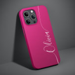 Nome do Script de Caligrafia Elegante Branco do Sh<br><div class="desc">As Capas de telefone Inteligentes do Script de Caligrafia Elegante Branca e Rosa Personalizadas do Script de Caligrafia Personalizada do iPhone 14 apresentam um design simples e moderno e moderno com seu nome personalizado em uma tipografia de script de caligrafia escrita à mão elegante em um fundo de shimmer rosa...</div>