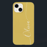 Nome do Script de Caligrafia Elegante Branco Doura<br><div class="desc">Dourada caligrafia branca elegante Script Personalizado Nome iPhone 14 Smart Capa de telefone apresenta um design moderno,  moderno,  simples e na moda com seu nome personalizado em letras elegantes,  escrita à mão,  com script de caligrafia em um fundo dourado. Elaborado por ©Evco Studio www.zazzle.com/store/evcostudio</div>