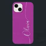 Nome do Script de Caligrafia Elegante Branco Roxo<br><div class="desc">O iPhone 14 Smart Capa de telefone de Script Personalizado de Caligrafia Elegante Branca Roxo apresenta um design simples e moderno e na moda com seu nome personalizado em letras de caligrafia elegantes e escritas manualmente, com tipografia de script de caligrafia em um fundo roxo. Elaborado por ©Evco Studio www.zazzle.com/store/evcostudio...</div>