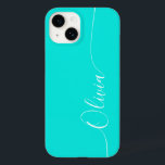 Nome do Script de Caligrafia Elegante Branco Turqu<br><div class="desc">As Capa de telefone Inteligentes iPhone 14, Script Elegante de Caligrafia Branca Personalizado, Script de Caligrafia Branca, apresentam um design simples e moderno e moderno, com seu nome personalizado, em elegante tipografia de escrita manual com escrita por caligrafia, em um fundo turquesa. Elaborado por ©Evco Studio www.zazzle.com/store/evcostudio</div>