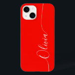 Nome do Script de Caligrafia Elegante Branco Verme<br><div class="desc">Red White Elegant Calliografia Script Personalizado Nome Personalizado iPhone 14 Smart Capa de telefone apresenta um design moderno e moderno,  simples e na moda,  com seu nome personalizado em letras elegantes,  escrita à mão,  com script de caligrafia em um fundo vermelho. Elaborado por ©Evco Studio www.zazzle.com/store/evcostudio</div>