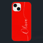 Nome do Script de Caligrafia Elegante Branco Verme<br><div class="desc">Red White Elegant Calliografia Script Personalizado Nome Personalizado iPhone 14 Smart Capa de telefone apresenta um design moderno e moderno,  simples e na moda,  com seu nome personalizado em letras elegantes,  escrita à mão,  com script de caligrafia em um fundo vermelho. Elaborado por ©Evco Studio www.zazzle.com/store/evcostudio</div>