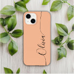 Nome do Script de Caligrafia Elegante Preto Peach<br><div class="desc">Peach Fuzz Elegante Black Calliografia Script Personalizado Nome Personalizado iPhone 14 Smart Capa de telefone apresenta um design moderno e moderno simples e na moda com seu nome personalizado em elegante tipografia de script de caligrafia escrita à mão em um fundo de pessegueira. Elaborado por ©Evco Studio www.zazzle.com/store/evcostudio</div>