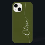 Nome do Script de Caligrafia Elegante Verde Branco<br><div class="desc">As Capas de telefone Inteligentes do Script de Caligrafia Verde-Branco Personalizado do Nome iPhone 14 apresentam um design simples e moderno,  com o seu nome personalizado em letras elegantes e escritas à mão,  com a tipografia de scripts de caligrafia em um fundo verde. Elaborado por ©Evco Studio www.zazzle.com/store/evcostudio</div>