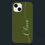 Nome do Script de Caligrafia Elegante Verde Branco<br><div class="desc">As Capas de telefone Inteligentes do Script de Caligrafia Verde-Branco Personalizado do Nome iPhone 14 apresentam um design simples e moderno,  com o seu nome personalizado em letras elegantes e escritas à mão,  com a tipografia de scripts de caligrafia em um fundo verde. Elaborado por ©Evco Studio www.zazzle.com/store/evcostudio</div>