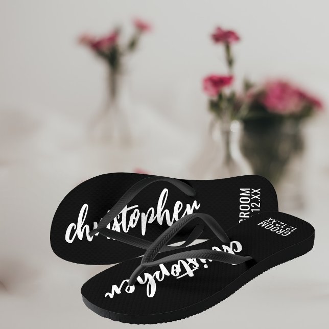 Nome do Script do Groom Data de Casamento Chinelos (A fun gift for your Groom. Personalized flip flops! Just ass his name and your wedding date)