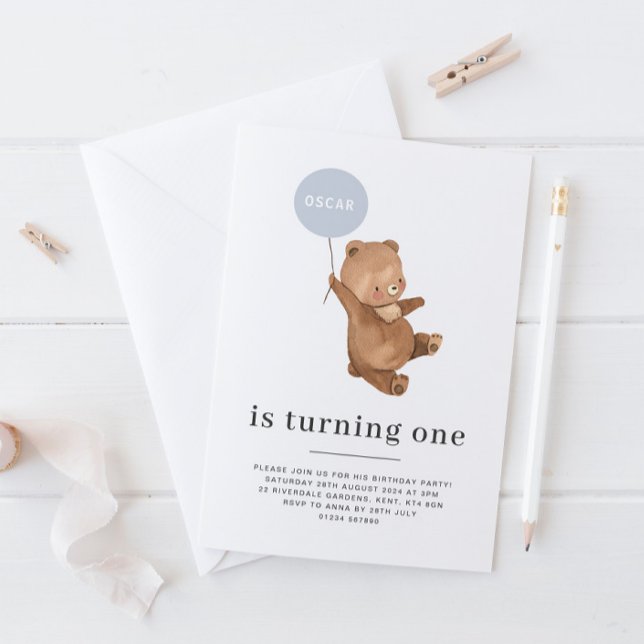 Nome do Urso - Convite de 1º Aniversário - Balão A (Criador carregado)