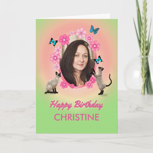 Nome e cartão com fotos de gatos e borboletas, (Frente)