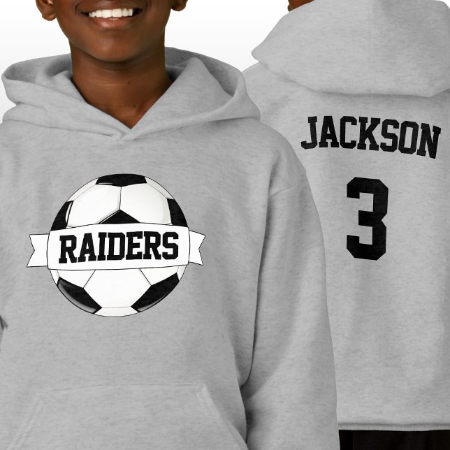 Nome e número personalizados do jogador de futebol (Soccer team hoodie with personalized soccer team name, player name and player jersey number.)
