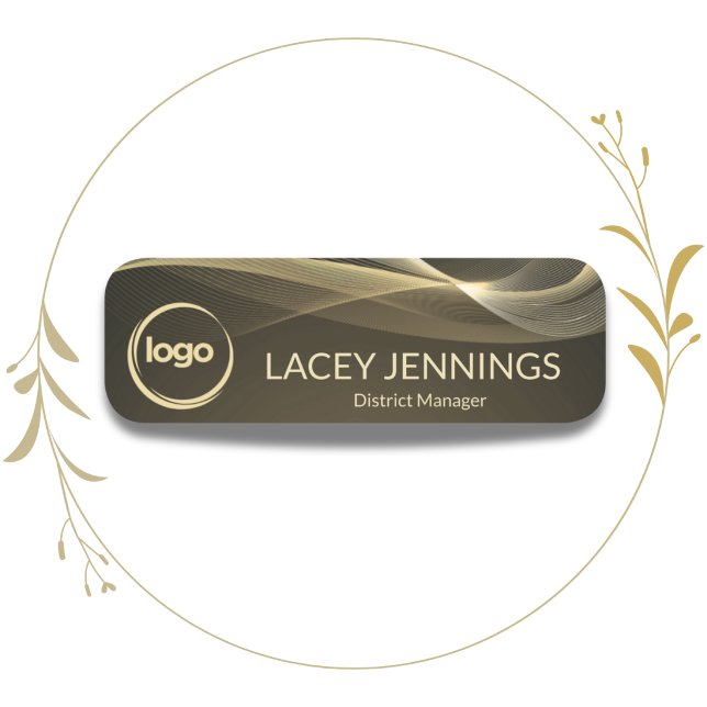 Nome Etiqueta Empresarial de Funcionário Moderna e Eleg (Black and "gold tone" accents are featured on this modern professional employee name tag with logo)