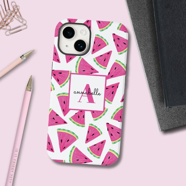 Nome inicial do Padrão de Melancia rosa (Colorful, girly, watermelon pattern phone case with customizable text for initial and first name.)