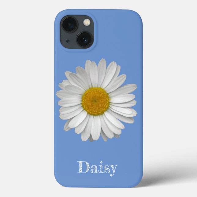 Nome Moderno Elegante White Daisy Flower em Azul (Verso)