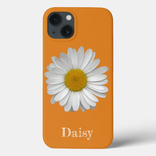 Nome Moderno Elegante White Daisy Flower em Laranj (Verso)