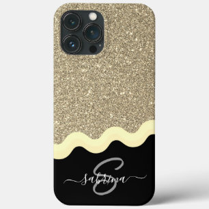 Nome Monograma da Glitter de Onda Dourada Elegante