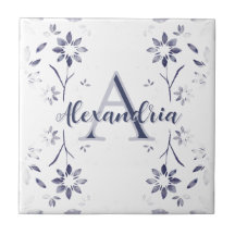 Nome Monograma Personalizado Floral Azul