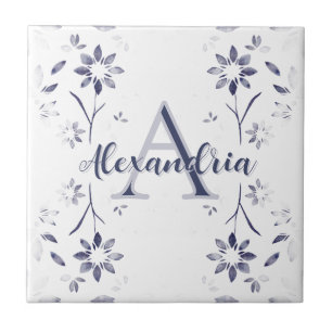 Nome Monograma Personalizado Floral Azul