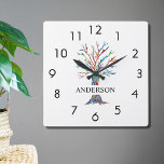 Nome Monograma Relógio de Parede Quadrada da Árvor<br><div class="desc">Este na moda Wall Clock é decorado com uma árvore de mosaico colorida.
Facilmente personalizável com seu nome ou monograma.
Porque nós criamos nosso próprio trabalho de arte você não encontrará essa imagem exata de outros designers.
Mosaico original © Michele Davies.</div>