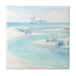 nome ondas de praia aquarela azul pastel editável